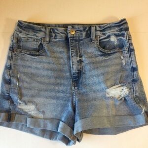 American Eagle Stretch High Rise Blue Denim Distressed Short Shorts Size 8